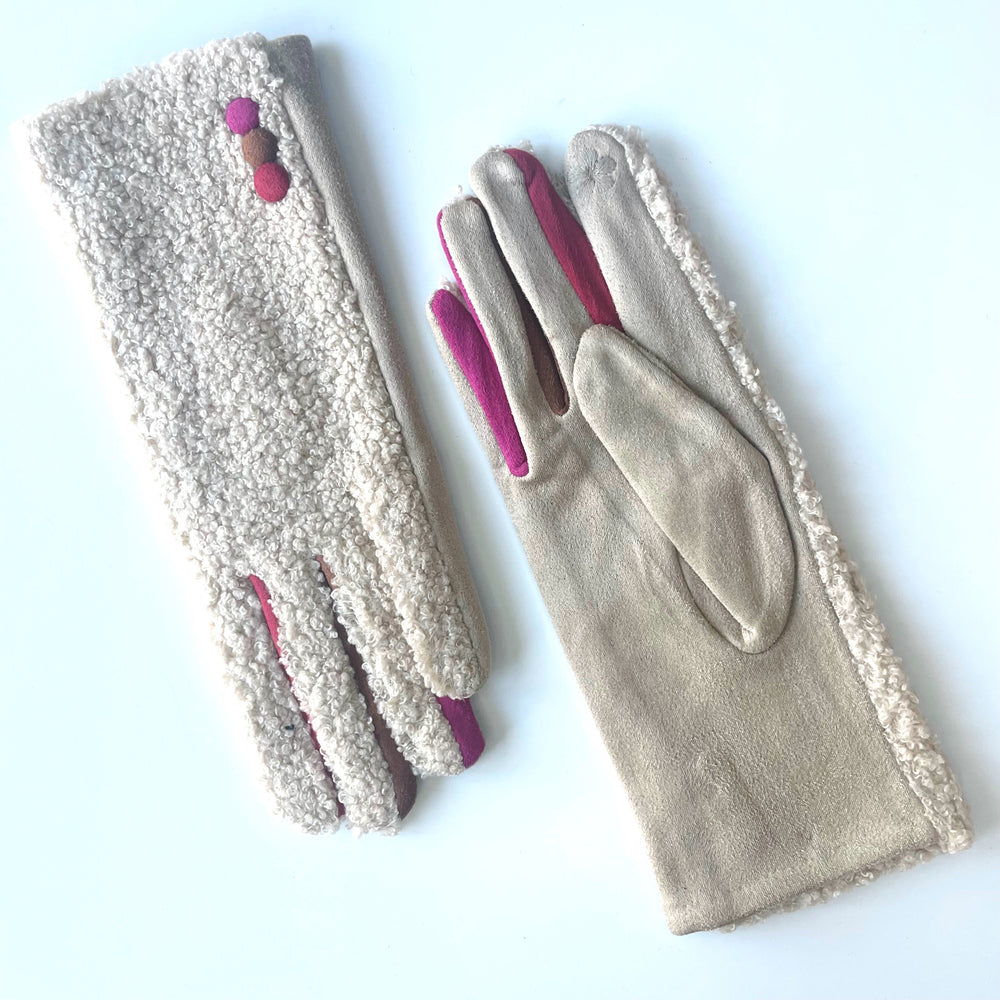 Faux Shearling Button Gloves - Cream