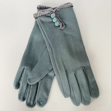 Faux Suede Fur Trim Button Gloves - Sky