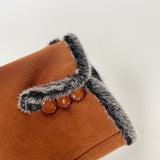 Faux Suede Fur Trim Button Gloves - Brown