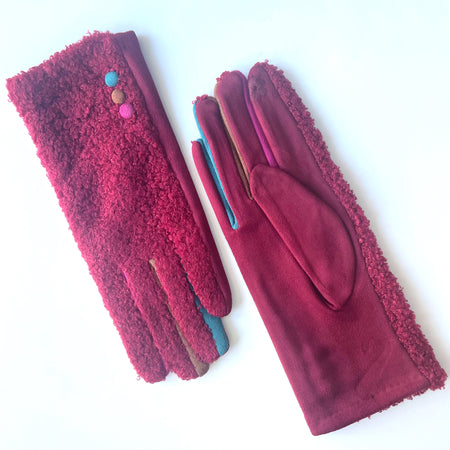 Faux Shearling Button Gloves - Red