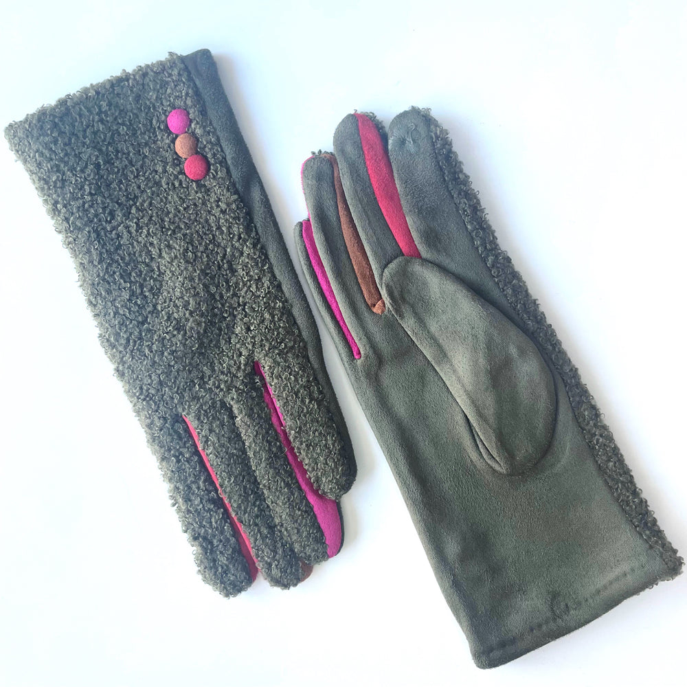 Faux Shearling Button Gloves - Olive