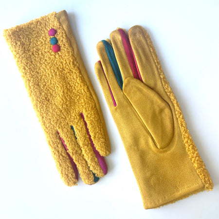 Faux Shearling Button Gloves- Mustard