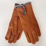 Faux Suede Fur Trim Button Gloves - Brown