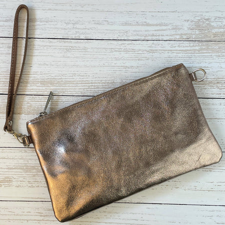 Metallic Leather Clutch Bag - Bronze